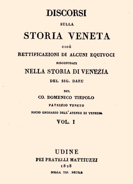 Storia di Venezia - Domenico Tiepolo, Discorsi sulla Storia di Venezia, frontespizio