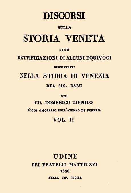 Storia di Venezia - Domenico Tiepolo, Discorsi sulla Storia di Venezia, frontespizio