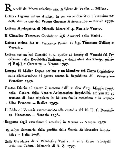 Storia di Venezia - Opuscoli a stampa pubblicati tra il 1797 e il 1799 sulla Caduta della Repubblica di Venezia